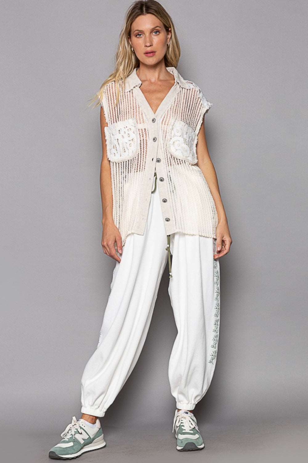 Button Down Crochet Patches Knit Vest by Pol Perfect for Cinco de Mayo 2024