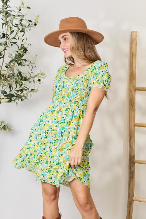 Smocked Scoop Neck Flounce Sleeve Mini Dress - by DT