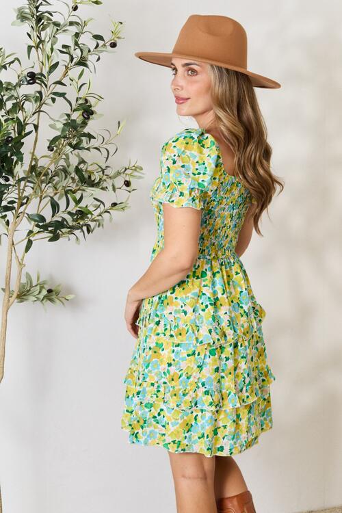 Smocked Scoop Neck Flounce Sleeve Mini Dress - by DT