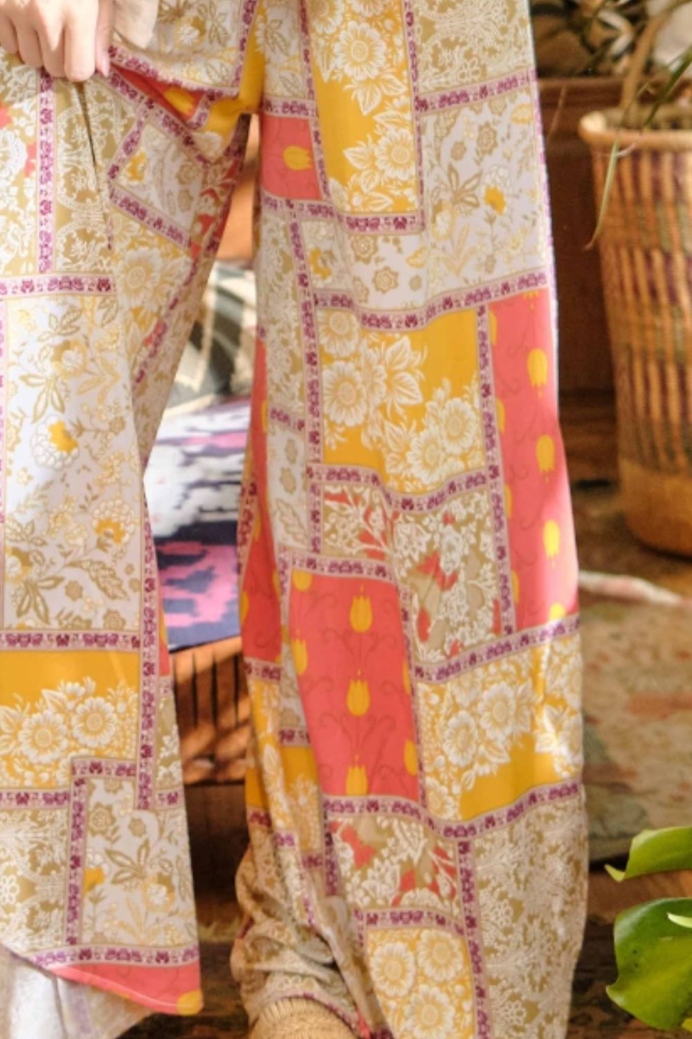 Printed Smocking Waist Side Slit Wide Leg Pants by And The Why