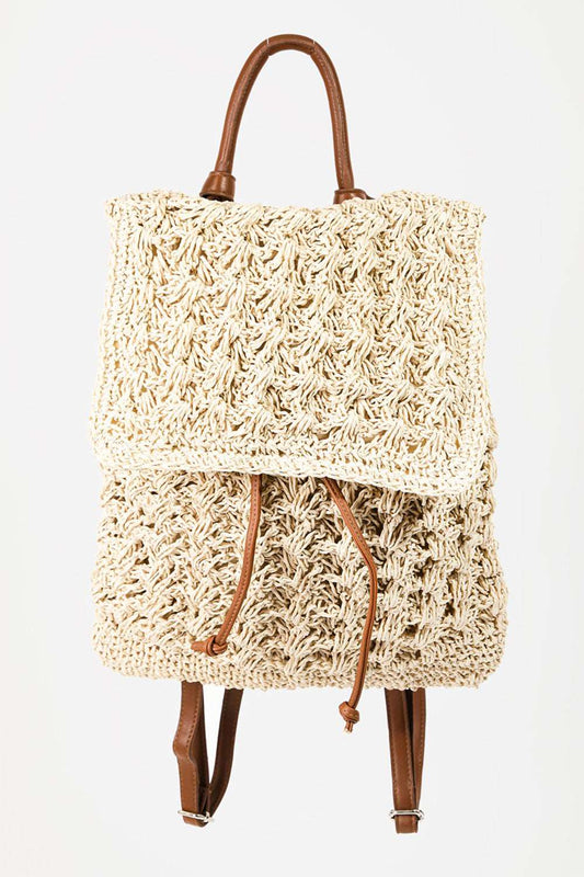 Straw Braided Faux Leather Strap Backpack Bag
