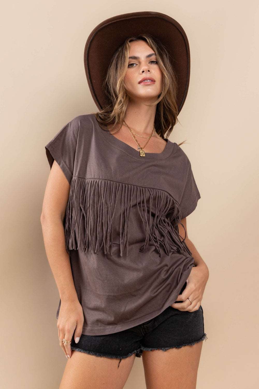 Femme Fringe Detail Round Neck Short Sleeve Top by Ces