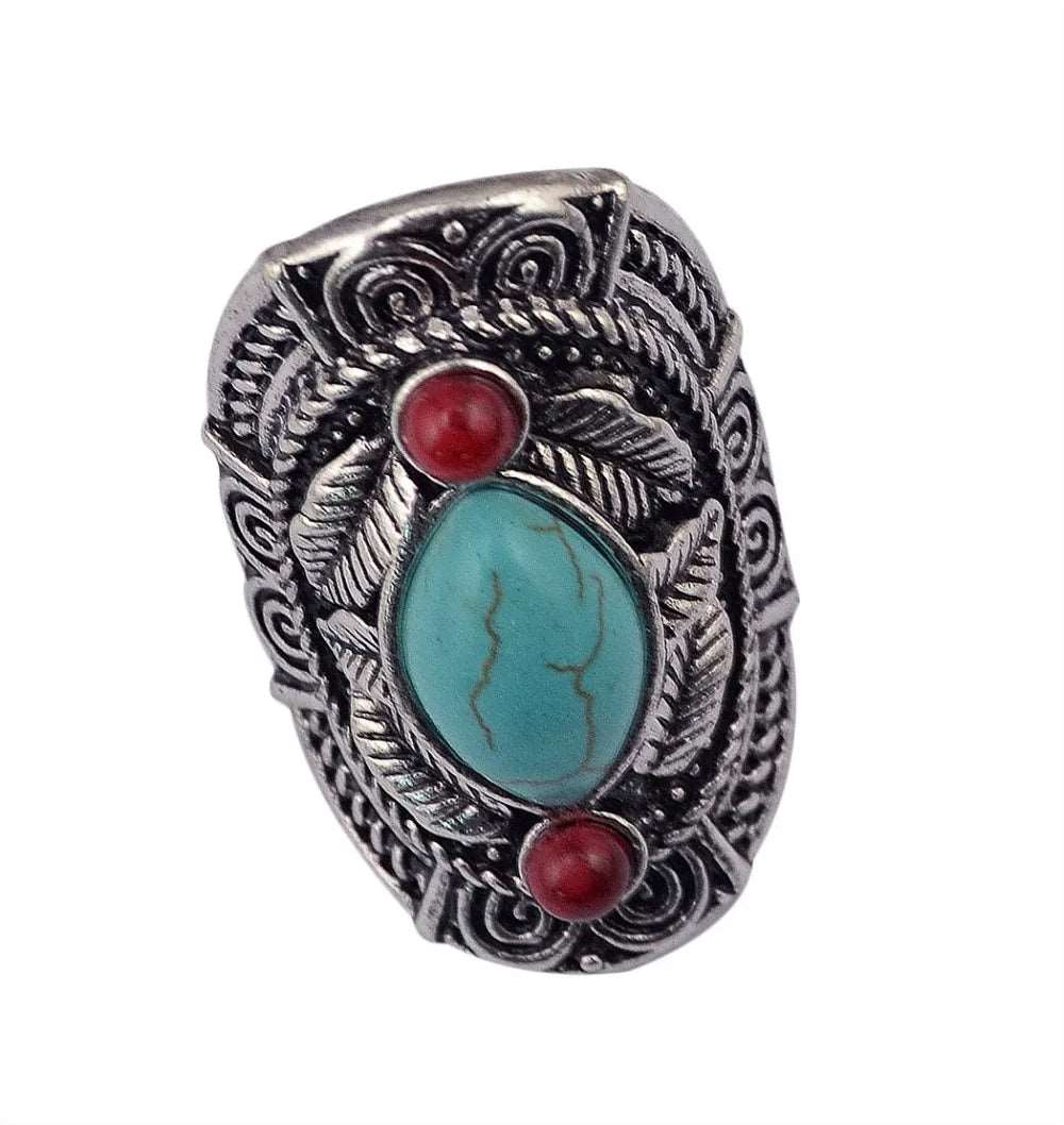 Boho Ethnic Tibet Turquoise Rings For Women Men Retro Silver Color Adjustable Carved Gypsy Tribal Pakistan Afghan Indian Jewelry - Poptheshoppe