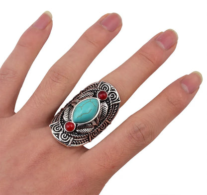 Boho Ethnic Tibet Turquoise Rings For Women Men Retro Silver Color Adjustable Carved Gypsy Tribal Pakistan Afghan Indian Jewelry - Poptheshoppe