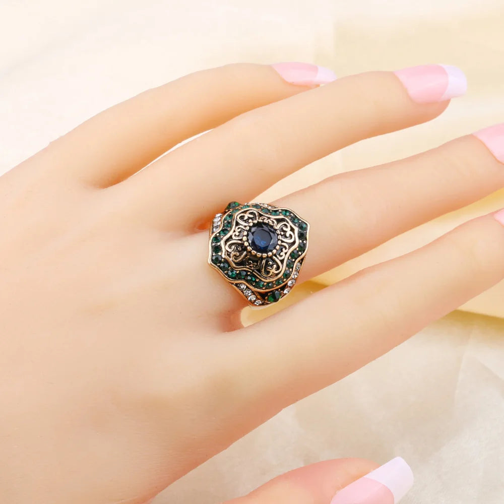 Kinel New Arrival Vintage Wedding Blue Stone Rings For Women Antique Gold Color Inlaid Green Crystal Boho Jewelry - Poptheshoppe Perfect for 4th of July 2024