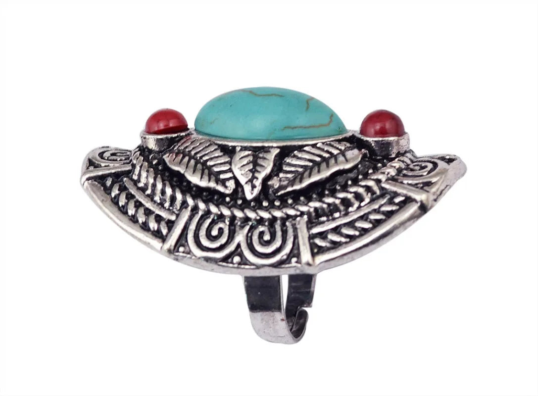 Boho Ethnic Tibet Turquoise Rings For Women Men Retro Silver Color Adjustable Carved Gypsy Tribal Pakistan Afghan Indian Jewelry - Poptheshoppe