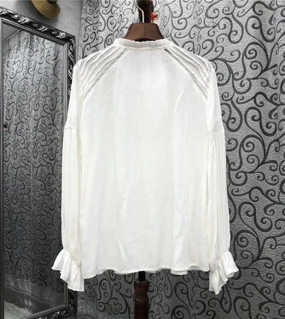 Boho-Inspired Semi-Sheer White Frilled Neckline Long Sleeve Blouse