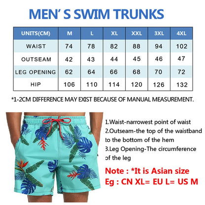 Men's Quick-Dry Summer Swim Shorts Mesh Liner, Elastic Waist, Draw String, Side Pocket