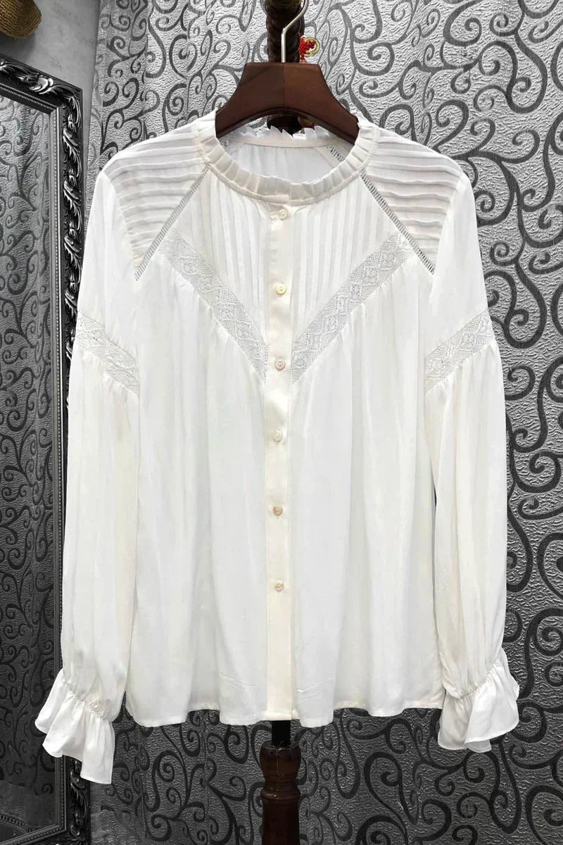 Boho-Inspired Semi-Sheer White Frilled Neckline Long Sleeve Blouse