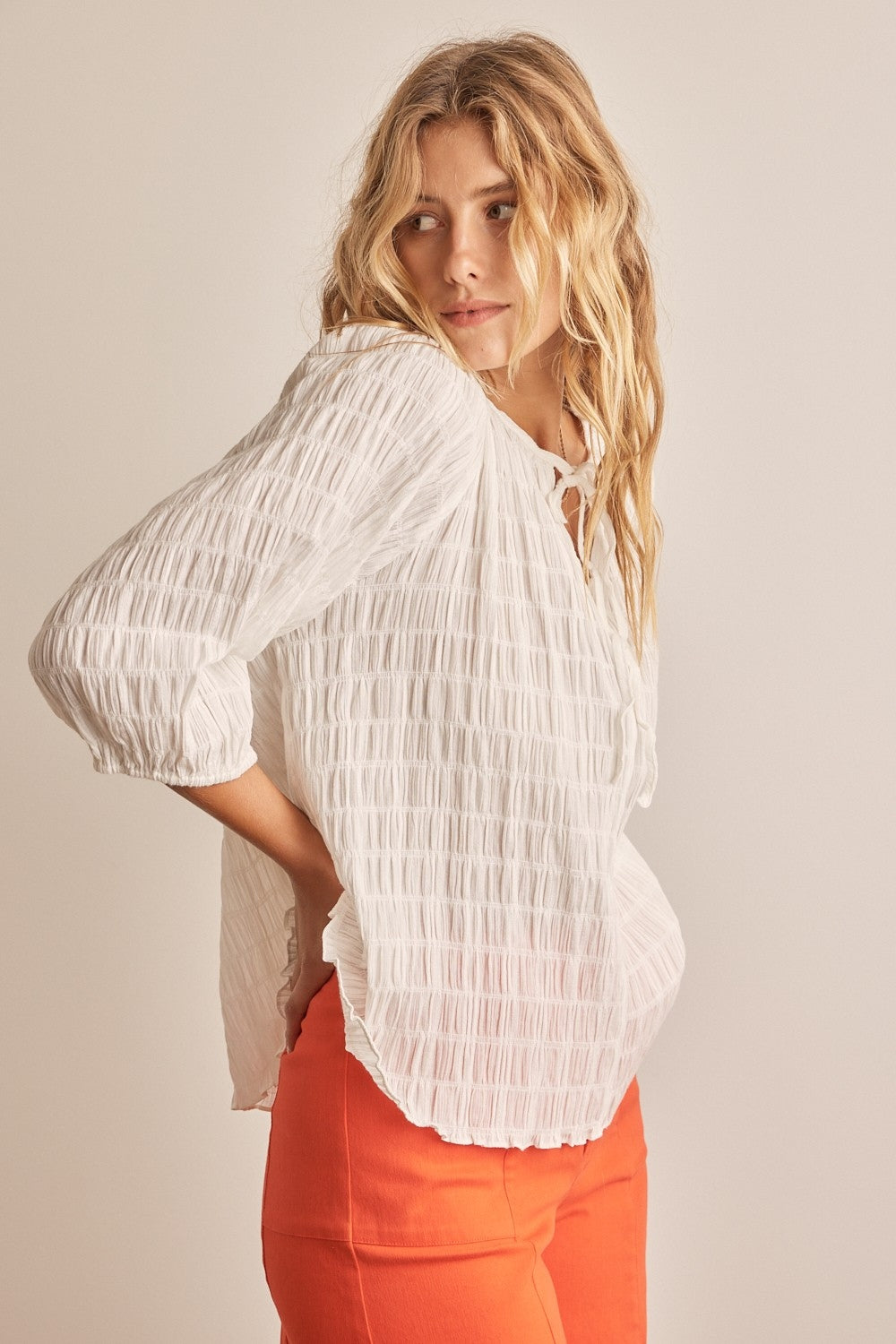 Textured Tie Neck Blouse by InFebruary