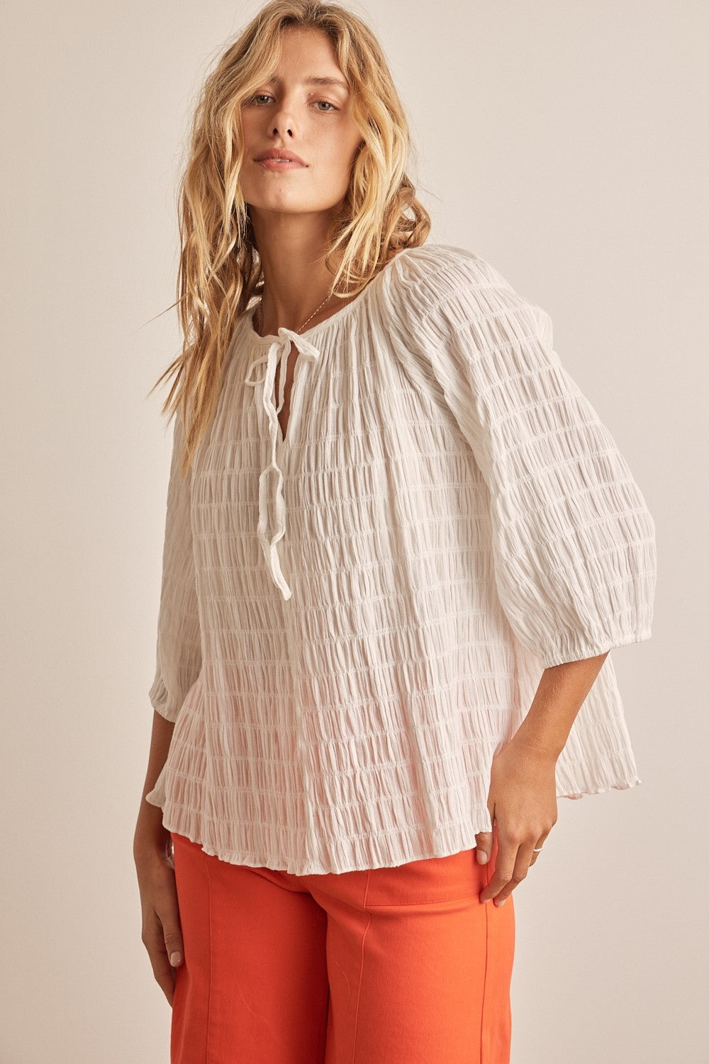 Textured Tie Neck Blouse by InFebruary