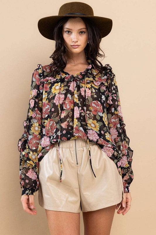 Femme Ruffle Trim Long Sleeve Floral Blouse by Ces Perfect for Cinco de Mayo 2024