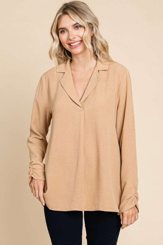 Full Size Lapel Collar Ruched Long Sleeve Blouse by Culture Code