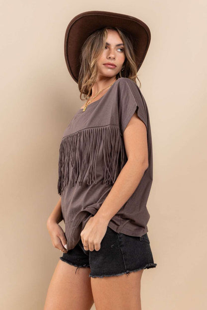 Femme Fringe Detail Round Neck Short Sleeve Top by Ces