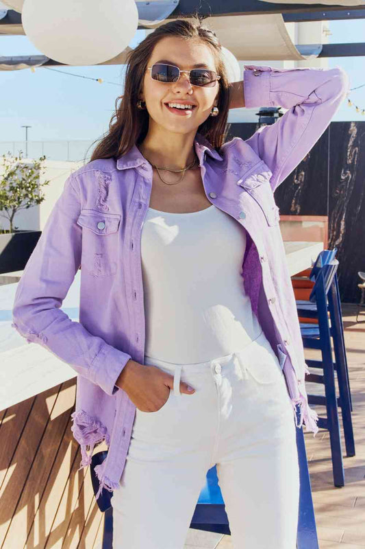 Full Size Distressed Button Down Denim Jacket in Lavender by American Bazi