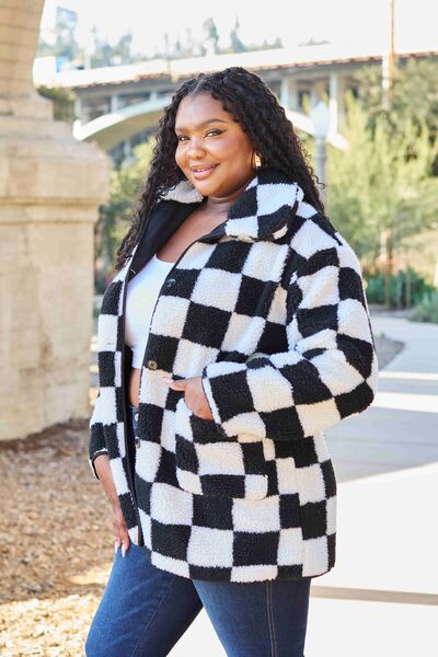 Full Size Checkered Button Front Coat with Pockets - by DT - POP!