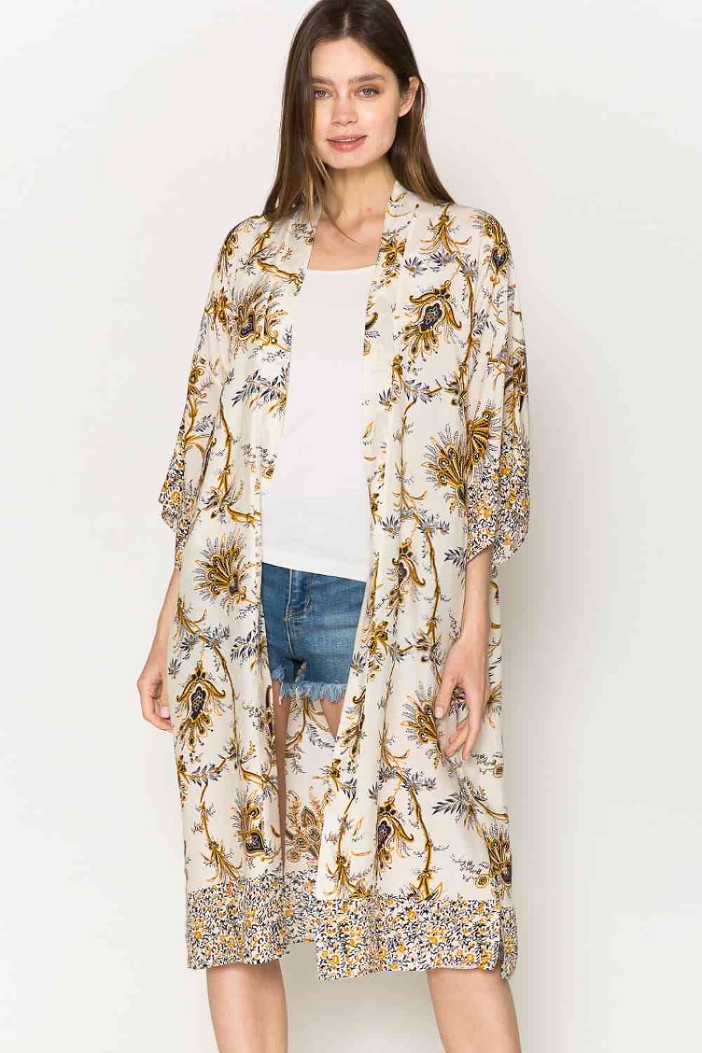 Justin Taylor Floral Open Front Slit Duster Cardigan