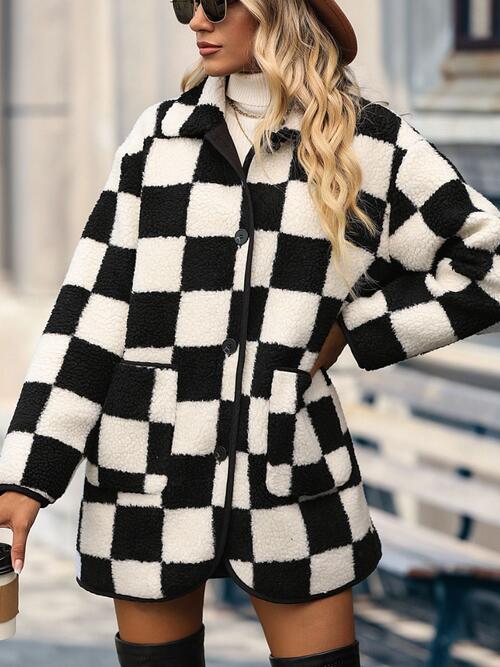 Full Size Checkered Button Front Coat with Pockets - by DT - POP!