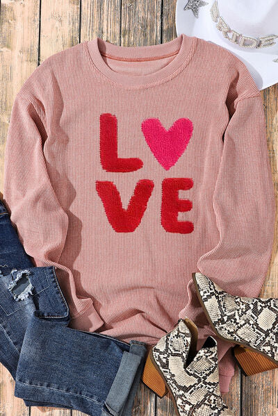 LOVE Rundhals-Sweatshirt mit tief angesetzter Schulterpartie