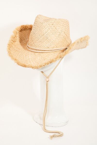 Raw Hem Weave Hat with adjustable strap by Fame