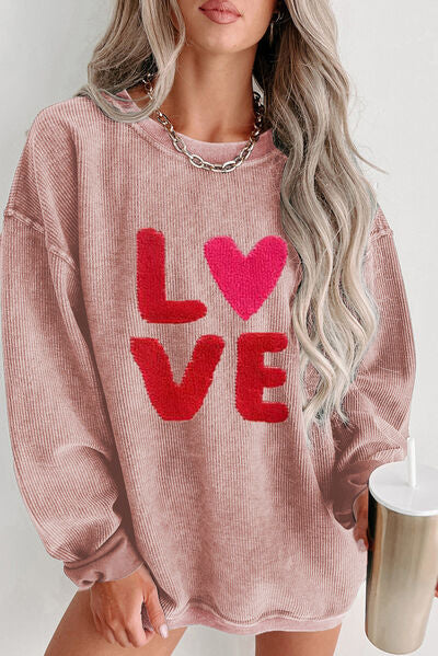 LOVE Rundhals-Sweatshirt mit tief angesetzter Schulterpartie